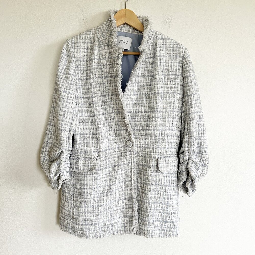 Maison d'Amelie Blazer Chenille Knit Fringe 3/4 Sleeve Blue Plaid Jacket